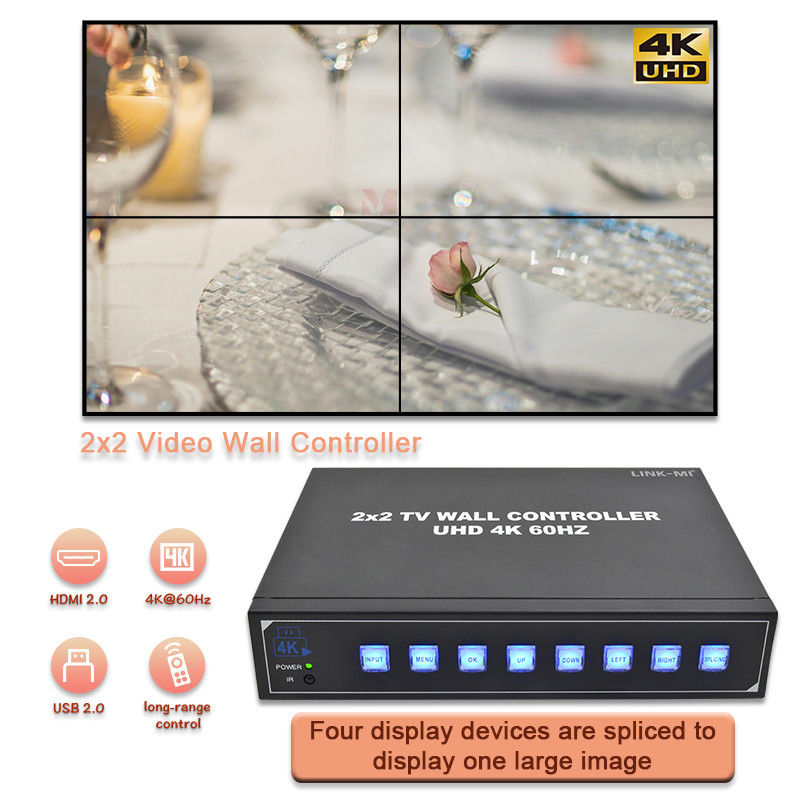 پردازنده دیواری ویدئویی 4K HDMI 2X2 پشتیبانی از صفحه نمایش خودکار USB برای 4 تلویزیون UHD 4K 60Hz LED Video Wall